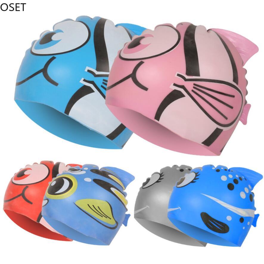 Neue Kinder Kinder Wasserdichte Schwimmen Kappe Cartoon Tier Schwimmen Pool Strand Silikon Kappen Hut Schützen Ohren Lange Haar Für Jungen mädchen