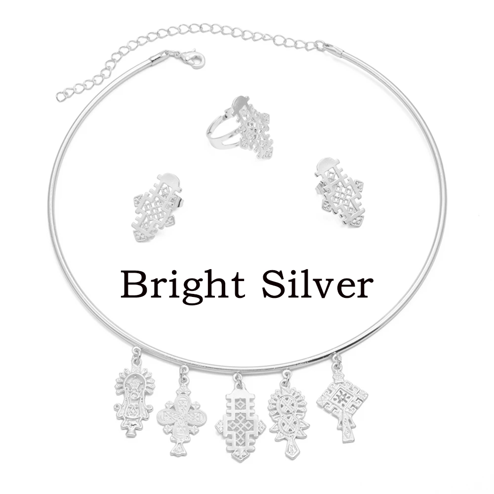 Ethiopian Eritrea Etnische Sieraden Sets Met Cross Chokers Oorbellen Ringen Voor Vrouwen Meisjes Afrika Huwelijksfeest #340006: Silver Plated
