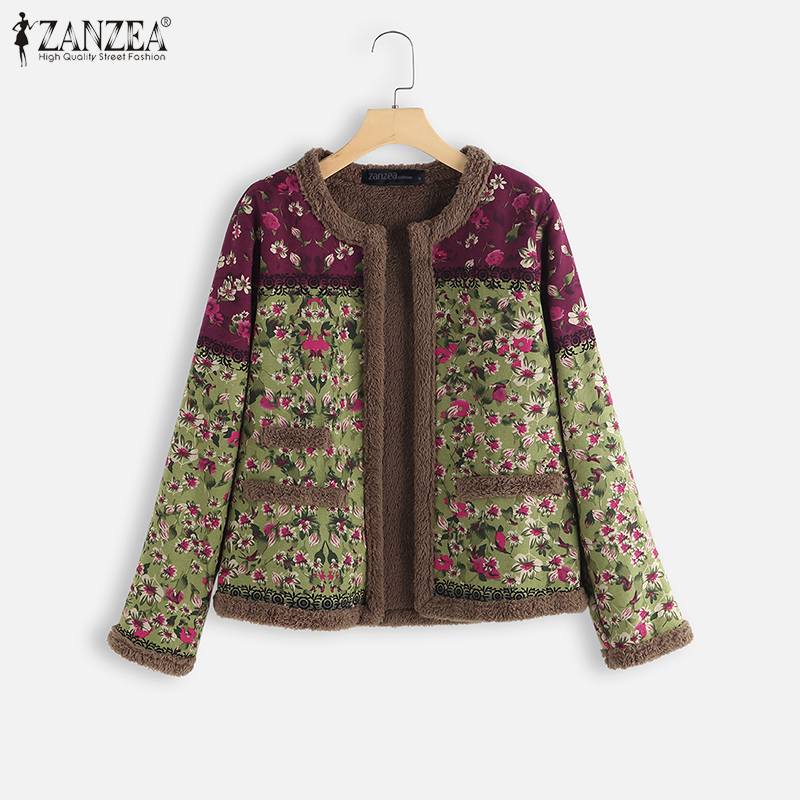 Vintage Open Voorzijde Pluche Pluizige Jassen ZANZEA Winter Bloemen Gedrukt Jassen Vrouwen Lange Mouw Uitloper Vrouwelijke Jas Chaqueta