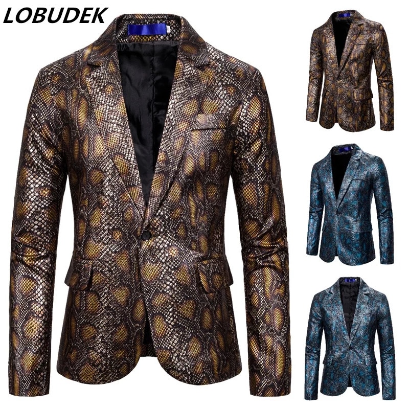 Tide – Blazer imprimé Python pour hommes, motif peau de serpent, estampage à , grande taille, pour boîte de nuit, chanteur, S-2XL
