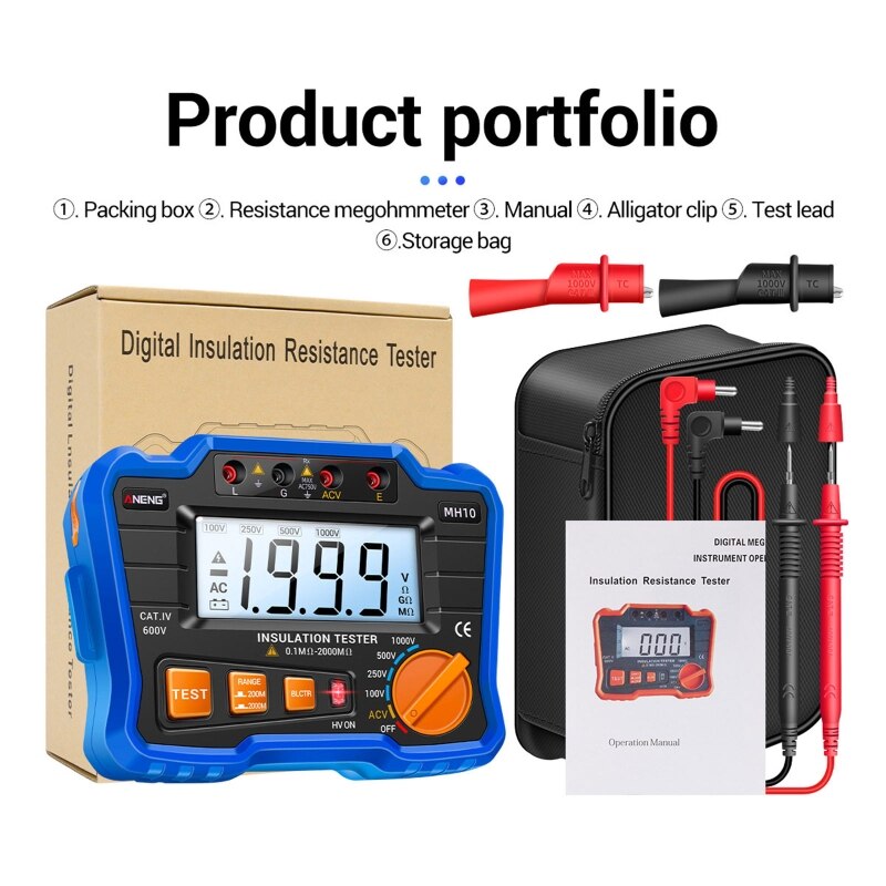 Insulation Resistance Tester Meter Megger Earth Ground Resistance Voltage Tester 100/250/500/1000V for Industrial
