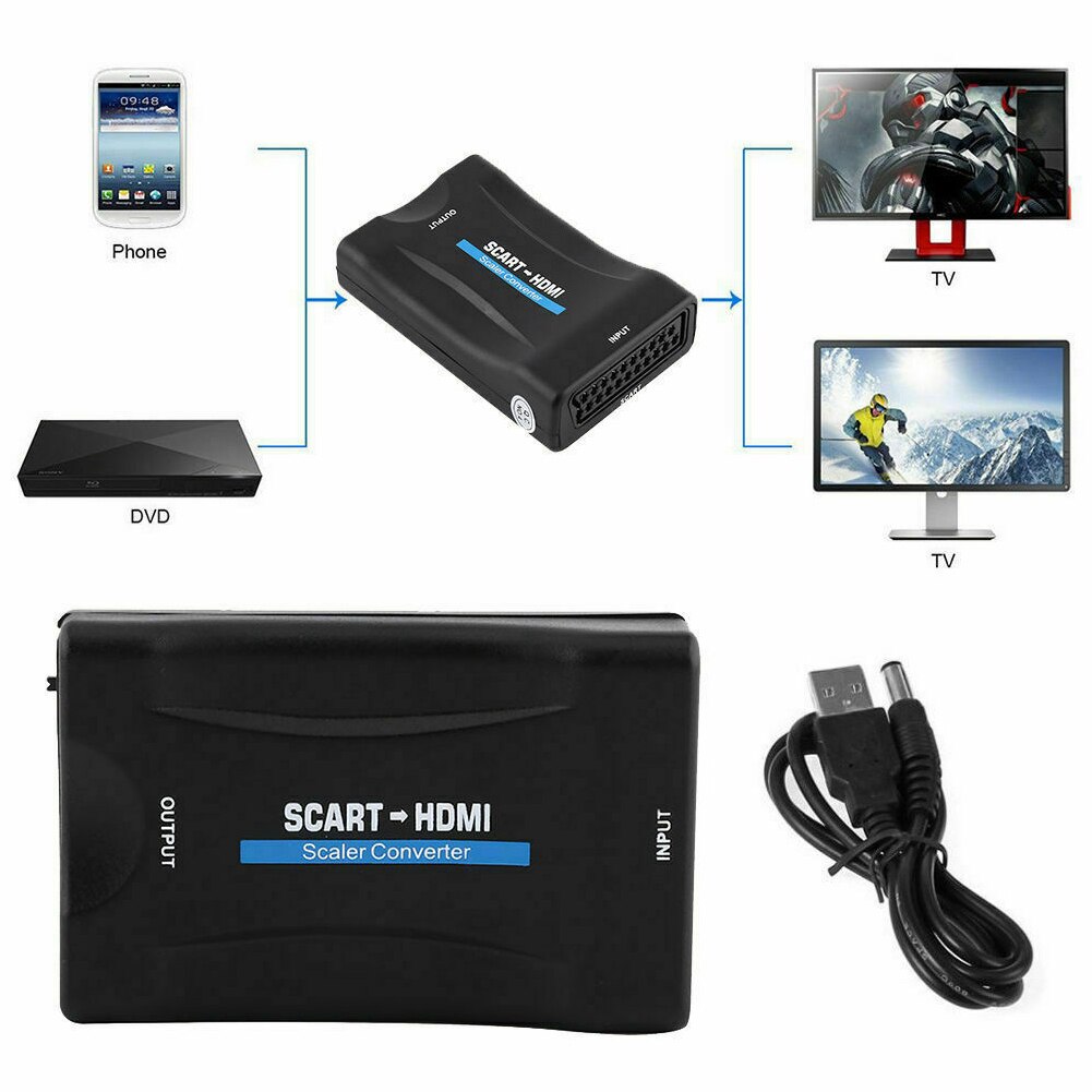 1080P SCART HDMI-compatible Video Audio Converter with USB Cable For HDTV Sky Box DVD Television Signal Upscale Converter