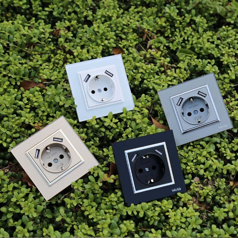 USB Muur Socket Glas Europese standaard muur adapter 5v 2A connector uitgang grijs color16A 250V FBW-19