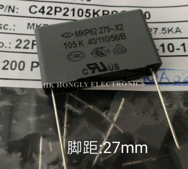 20 piezas MKP62 275V X2 474K 684K 105K 155K 225K 335K 0,47 UF 0,68 UF 1UF 1,5 UF 2,2 UF 3,3 UF 275VAC P = 27mm Condensador de película