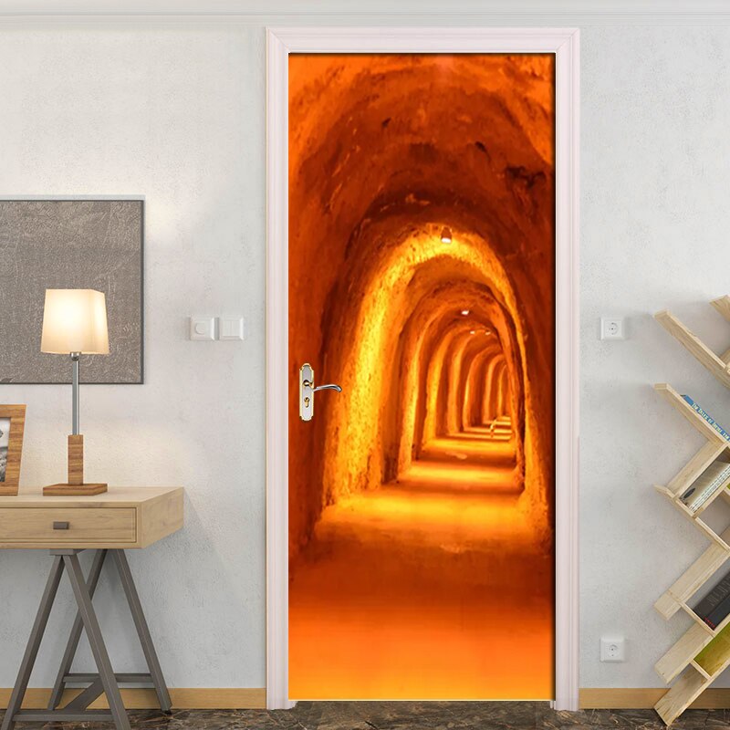 HD Cave Tunnel PVC Photo Wallpaper Self-adhesive Door Stickers Waterproof Poster Bedroom Door Home Decor Murals 3D Wall Stickers
