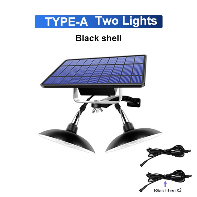 Dupla cabeça solar luz pingente à prova dwaterproof água ao ar livre solar lâmpada 3m linha de extensão super brilhante lâmpada para jardim corredor casa decoração: Double Black Pendant / Cool White