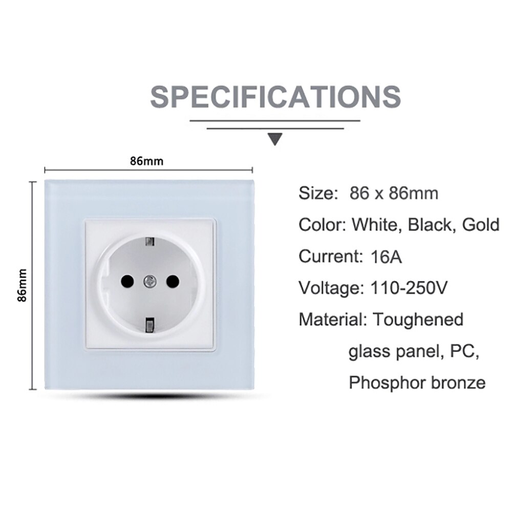 Wall Power Sockets Tempered Crystal Glass Panel 16A Electrical Plug Outlet Flush Mounted Square Schuko for Home Office Kitchen