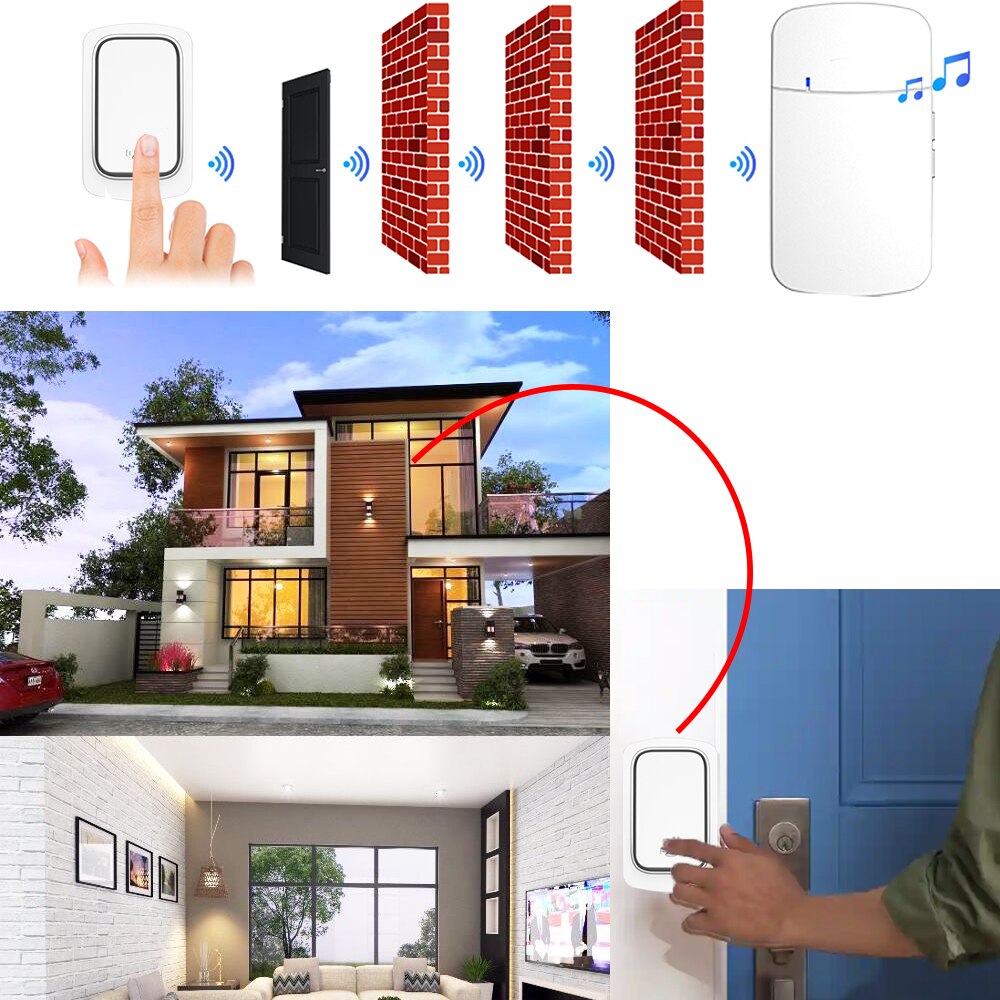 Waterproof Wireless Doorbell Outdoor Remote Doorbell No Battery Kinetic Ring Bell 220V,38 Melody,EU PLUG for Home,Apartment Door