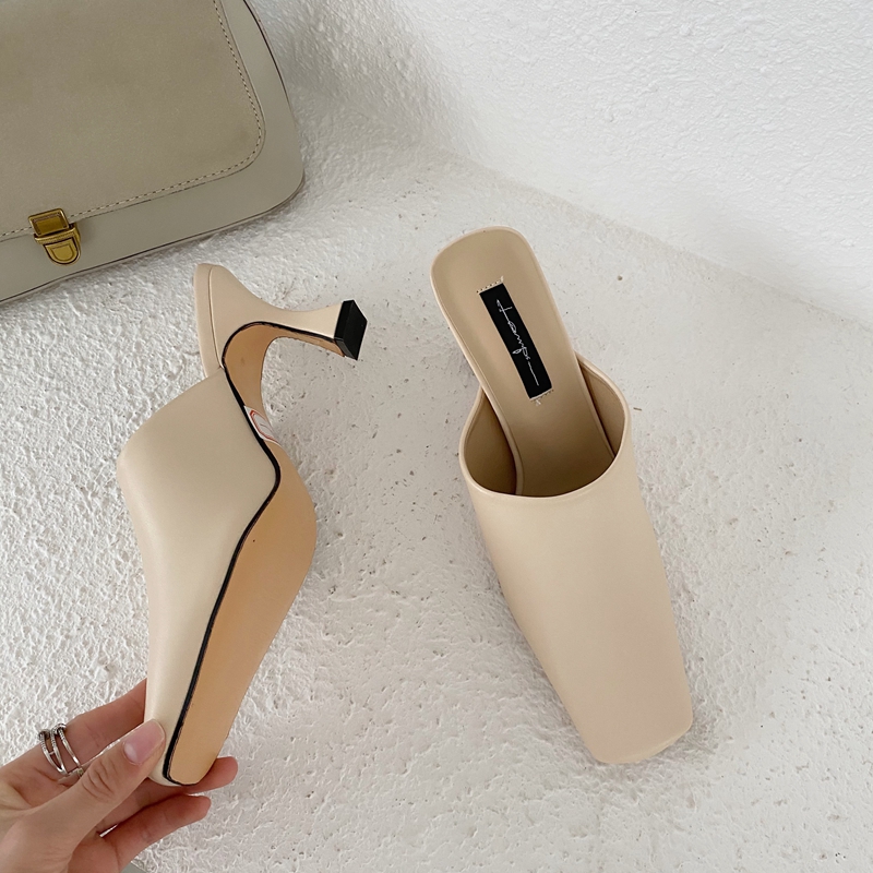 Mules à bout carré pour femmes, chaussures à talons, couleurs unies, hautes (5cm-8cm), collection chaussons pour femmes