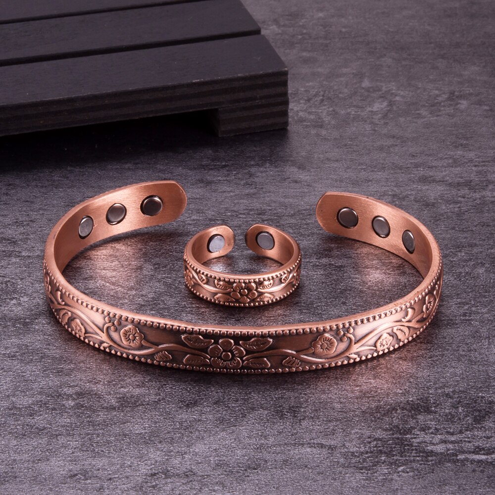 Conjunto de joyas magnéticas de cobre puro para hombres y mujeres, conjunto de joyería de artritis energética, flor Vintage, anillo de pulsera ajustable