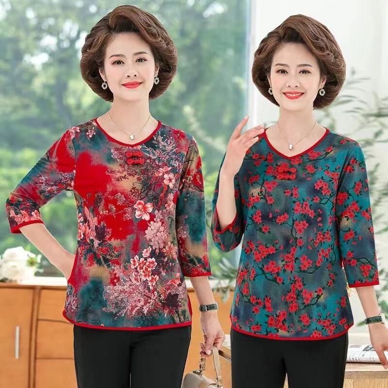 Katoen En Linnen Zomer Vrouwen Night T-shirt Moeder Drie-Kwart Mouwen Pyjama Tops Plus Size Losse gedrukt Roomewear