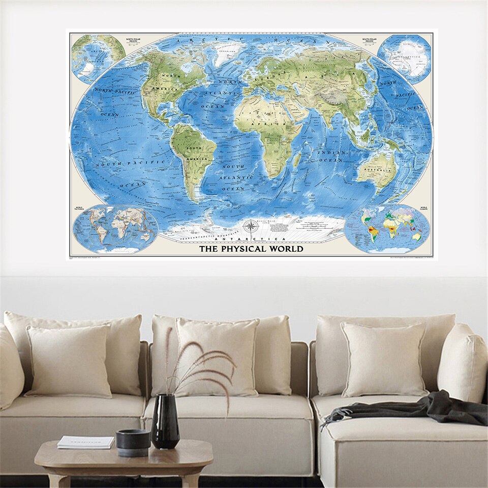 225*150 cm verdenskortet med verdens tektonik og klima stor plakat non-woven lærred maleri hjem dekoration skoleartikler