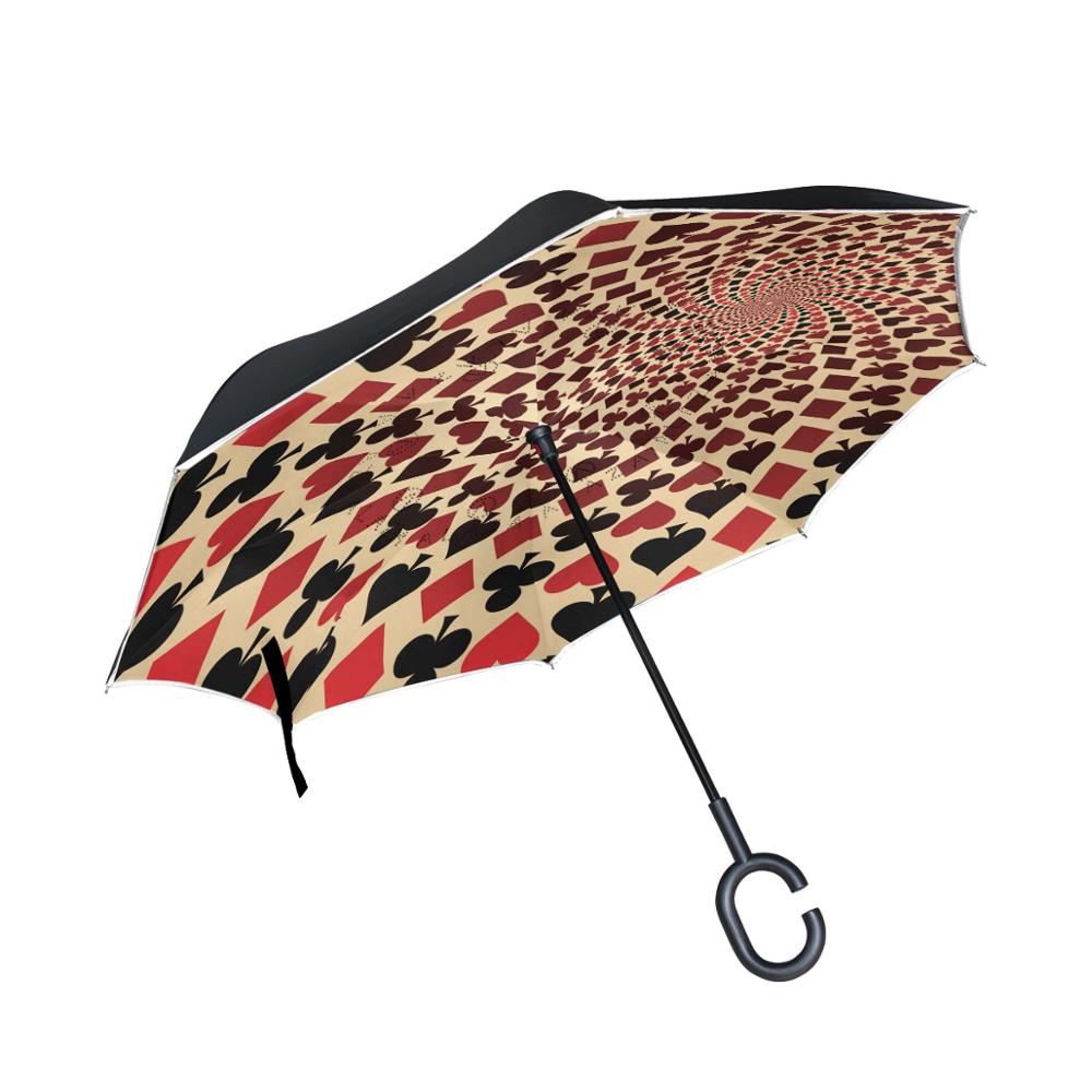 Traje de cartas de póker , Asa de gancho en C, plegable inverso, doble capa, a prueba de viento, sol y lluvia paraguas para, caña de coche de pesca: Negro