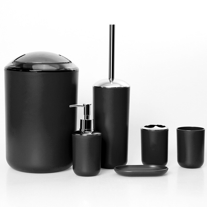6 stk badeværelse tilbehør sæt tandbørsteholder kop sæbe dispenser fad toilet børste skraldespand plast tumbler kop vaskerum værktøj: Sort
