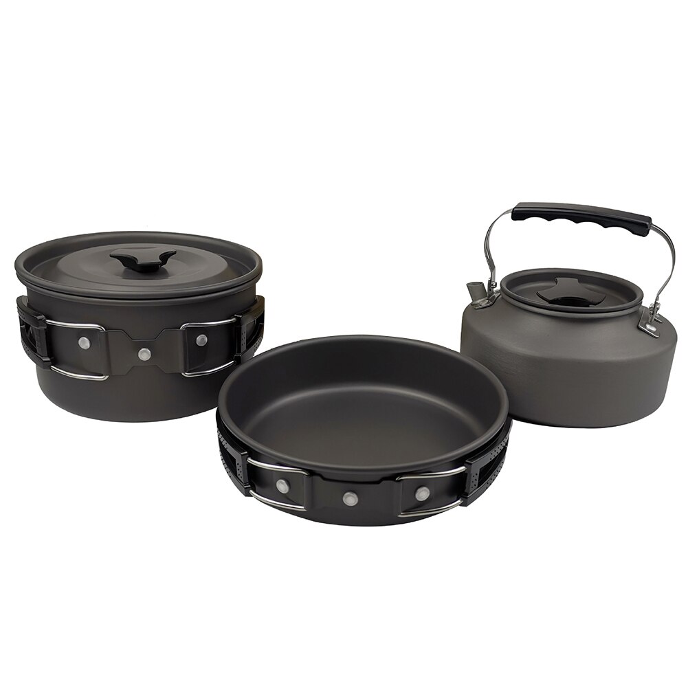 3 Stks/set Outdoor Camping Wandelen Cookware Gebruiksvoorwerpen 2-3 Mensen Draagbare Reizen Picknick Theepot Pot Koekenpan Koken Servies: Black