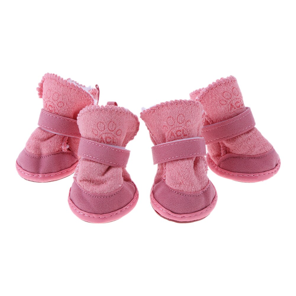 Solid Soft Lovely Puppy Shoes Thicken Warm Fleece Pet Shoes Snow Boots Adjustable Strap Pet Socks Pet Accessories: Pink / XL