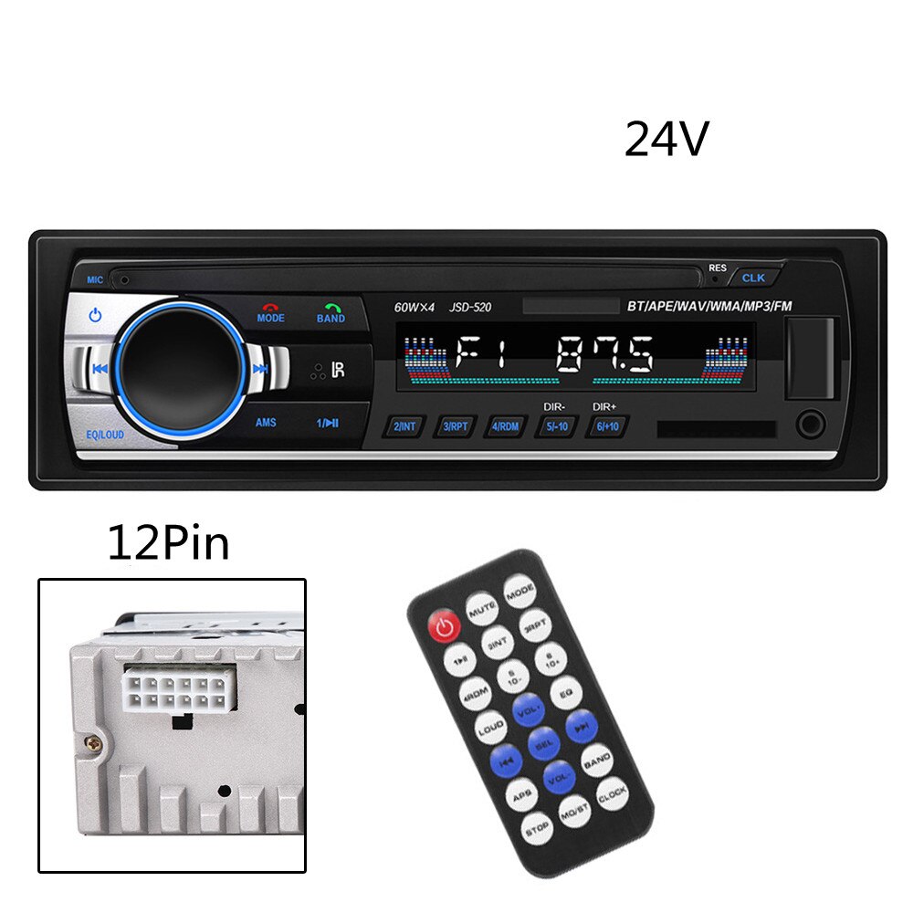 Radio Estéreo JSD 520 de 24V para coche, 1 Din, Bluetooth, Fm, receptor de entrada auxiliar, Audio SD, Usb, Mp3, Mmc, WMA, manos libres: 24V  12Pin