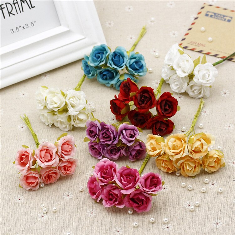 Buquê de flores artificiais 6 peças, mini rosas, para casamento, decoração para casa, para scrapbooking, artesanato faça você mesmo, caixa de doces, decoração de presente
