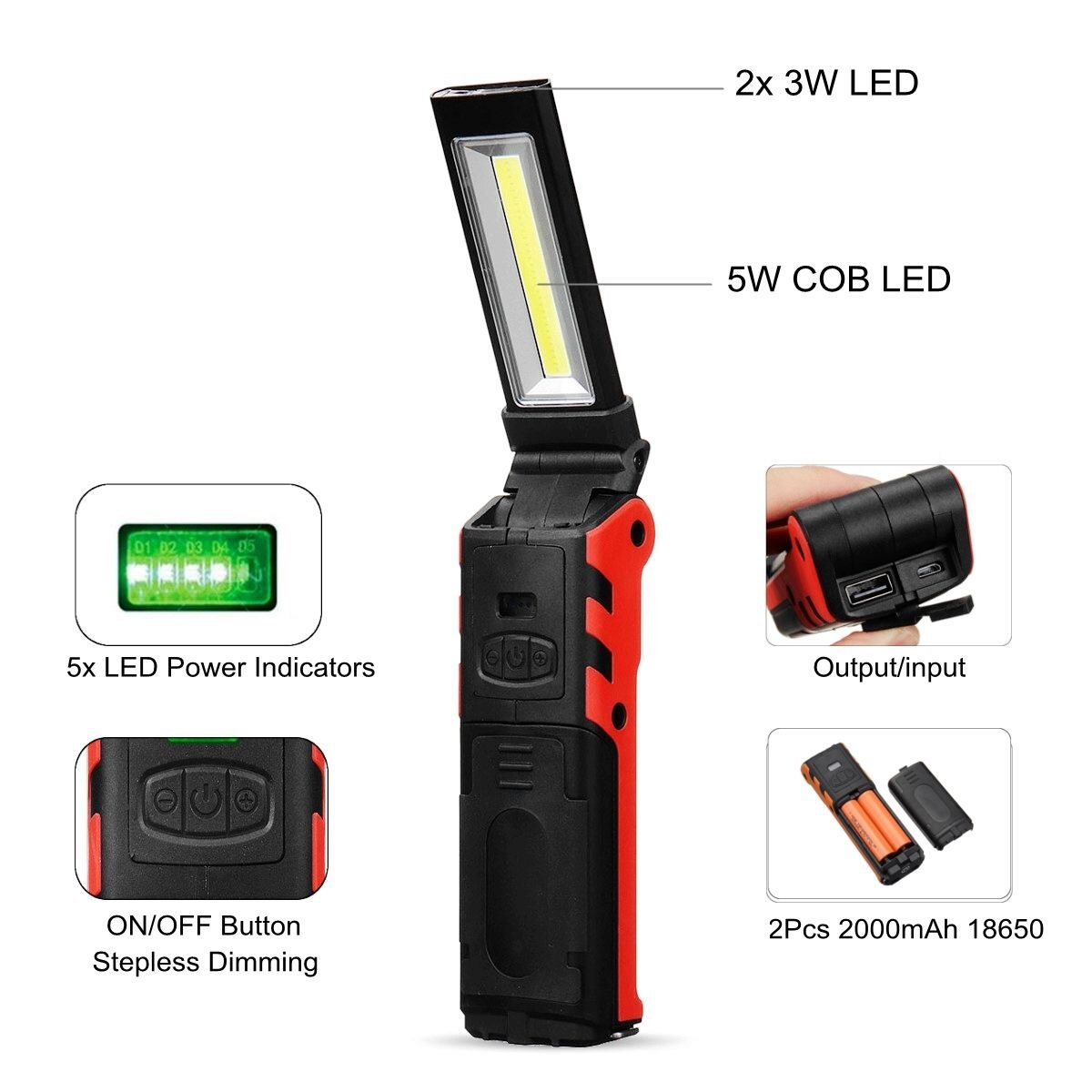 Projecteur portable bimodal COB ESEN106, rechargement USB, avec batterie, spot étanche et aimanté équipé d'une poignée, 2 modes, accumulateur 18650