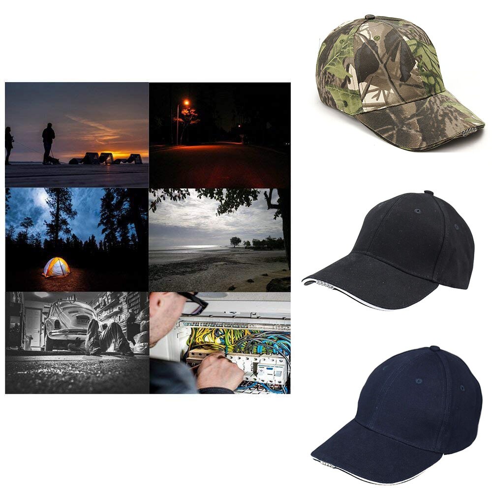 Gorra deportiva de algodón con 5 ledes, gorra con correa ajustable para exteriores con luces brillantes para adultos, adecuada para actividades al aire libre, camping