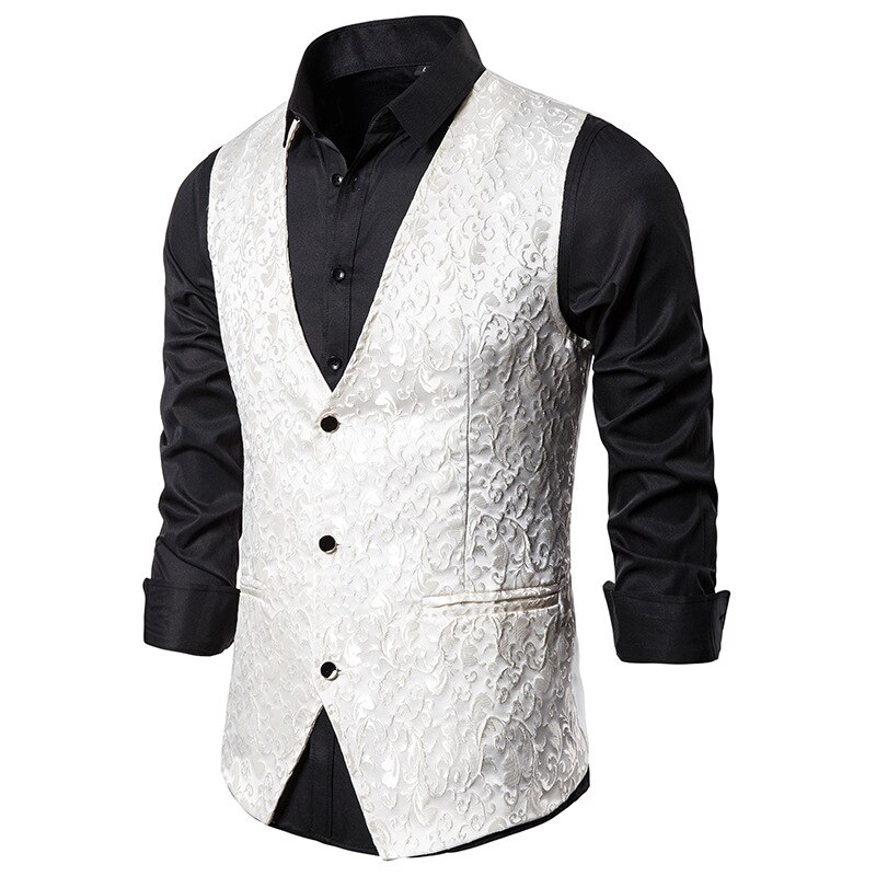 Luxus Gold Blumen- Jacquard Kleid Weste Männer Ärmellose Weste Männer Gilet Homme Kostüm Geschäft Hochzeit Rauchen Westen: Weiß / XXL