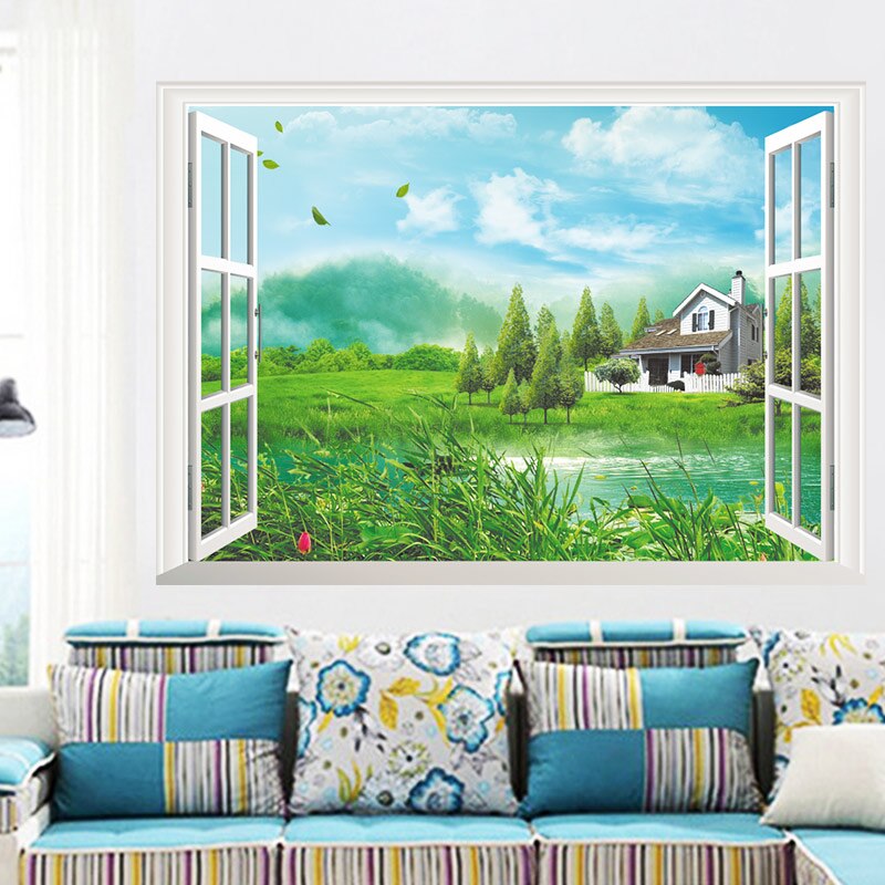 Nature Mountains Lake House Tree 3D Window View Living Room Decoration Poster Mural Wallpaer Wall Sticker Decor: 14145