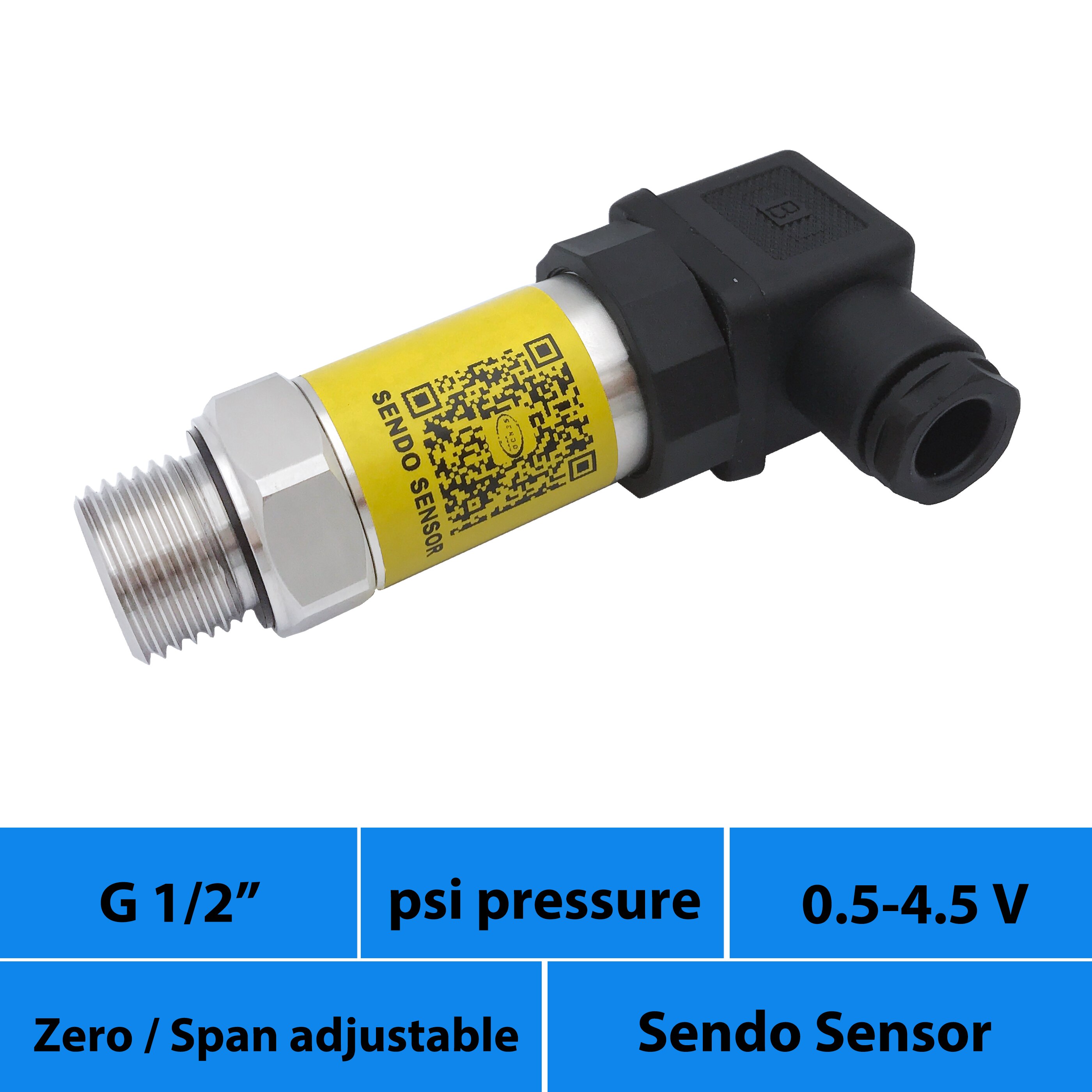 g 1/2 pressure transmitter, 0.5 4.5v signal, 5v supply, range 1.5, 10, 100, 1000, 10000 psi, 3, 30, 300, 3000 psi, 15, 15000 psi
