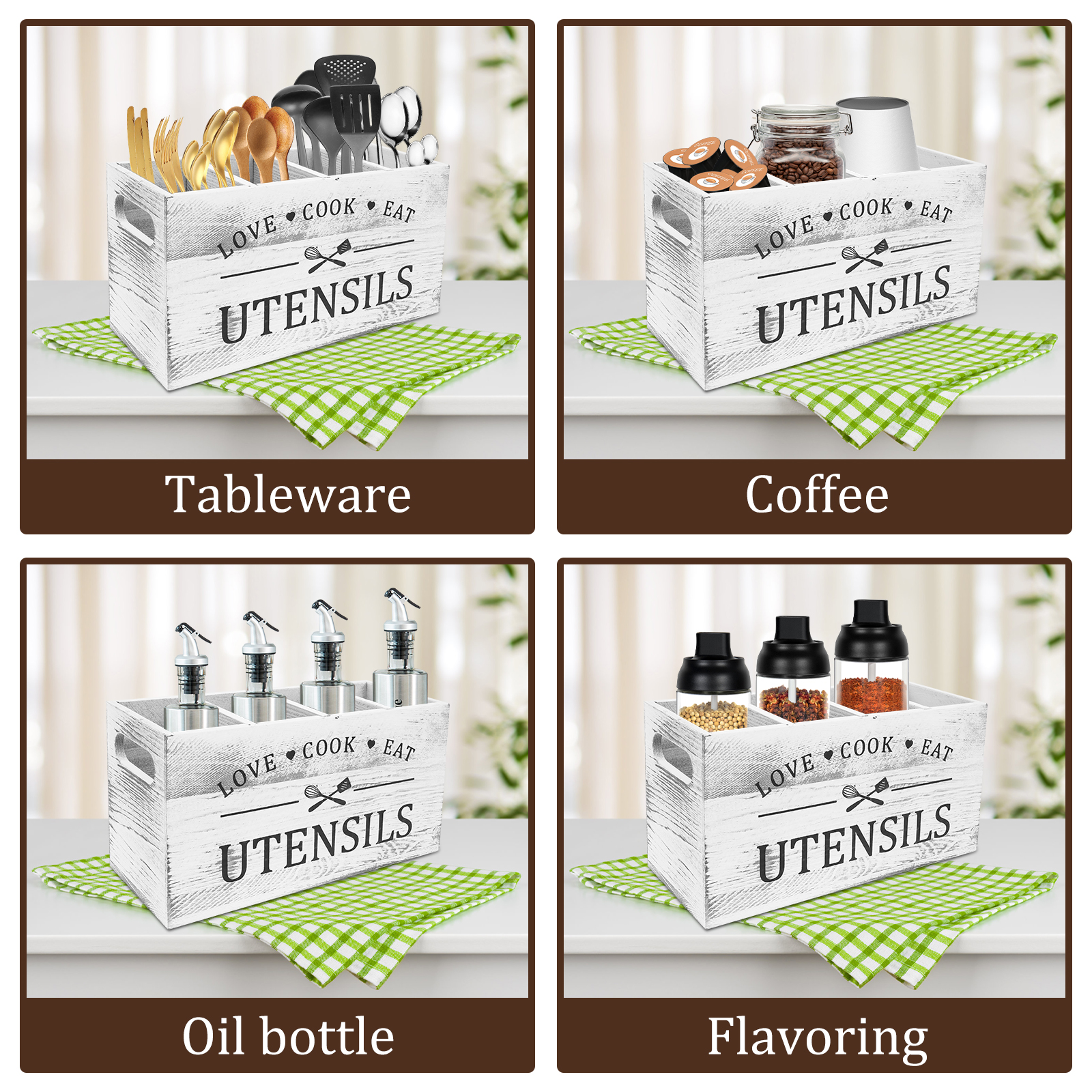 Træbestikholder til køkkenredskaber med 4 rum og drænbund til bestikopbevaring i køkkenet