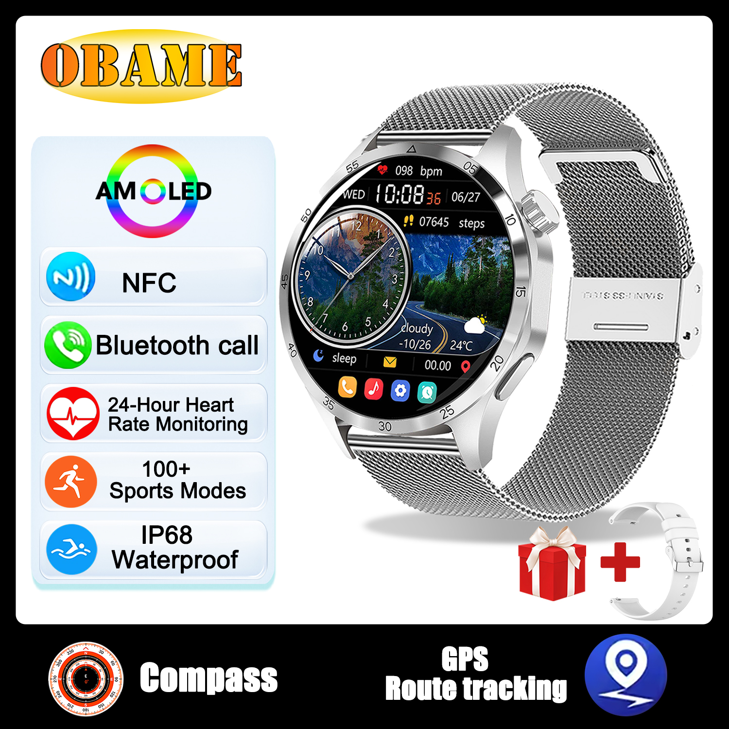 reloj inteligente clásico con GPS, pantalla AMOLED Ultra HD de 1,6 pulgadas, GPS incorporado, llamada BT, NFC, IP68, reloj inteligente resistente al agua para Android IOS: Multicolor