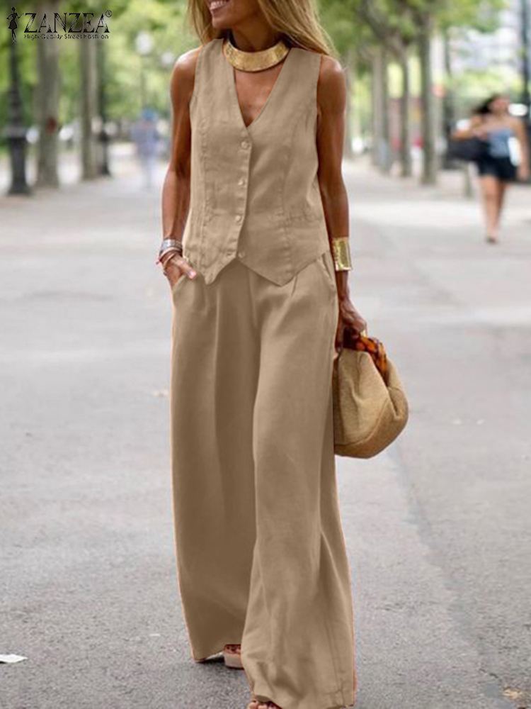 ZANZEA Trousers Suits Summer Sleeveless Tops Solid Work Tracksuit Casual Outifits Women Wide Leg Pants Sets 2pcs: 4XL / Khaki