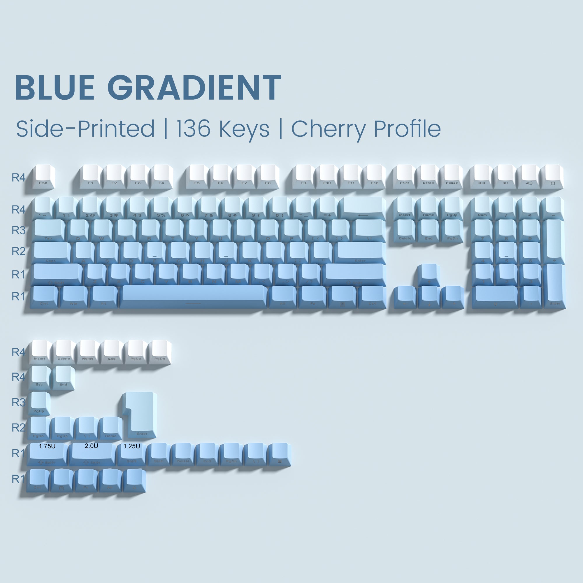 Gradient Blue Side Printed Keycaps Cherry Profile Double Shot PBT Keycaps 136 Keys for Cherry Gateron MX Switches Gamer Keyboard