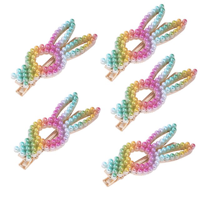Babyaccessoires 5 stuks/sets dames meisjes schuif haarspelden regenboog parel kristal parel haarspeld grip haar hoofdtooi kinderen: Regenboog konijn