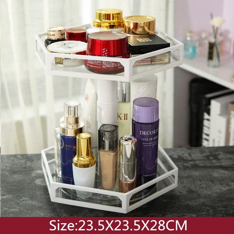 Hjem kosmetisk rack glas roterende smykker opbevaringsholder soveværelse badeværelse skrivebord stand makeup arrangør hylde parfume butikskasse: Dobbelt lag hvid