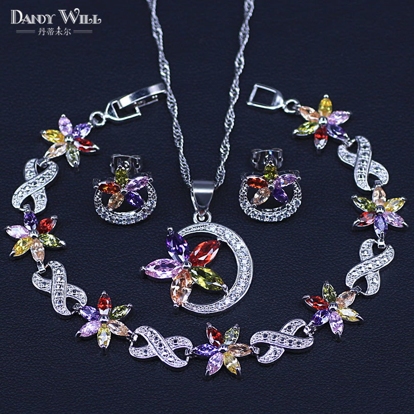 Conjunto de joyas de circonia cúbica para mujer, joyas de Color plateado, piedras Multicolor, pendientes, colgante, collar, pulsera