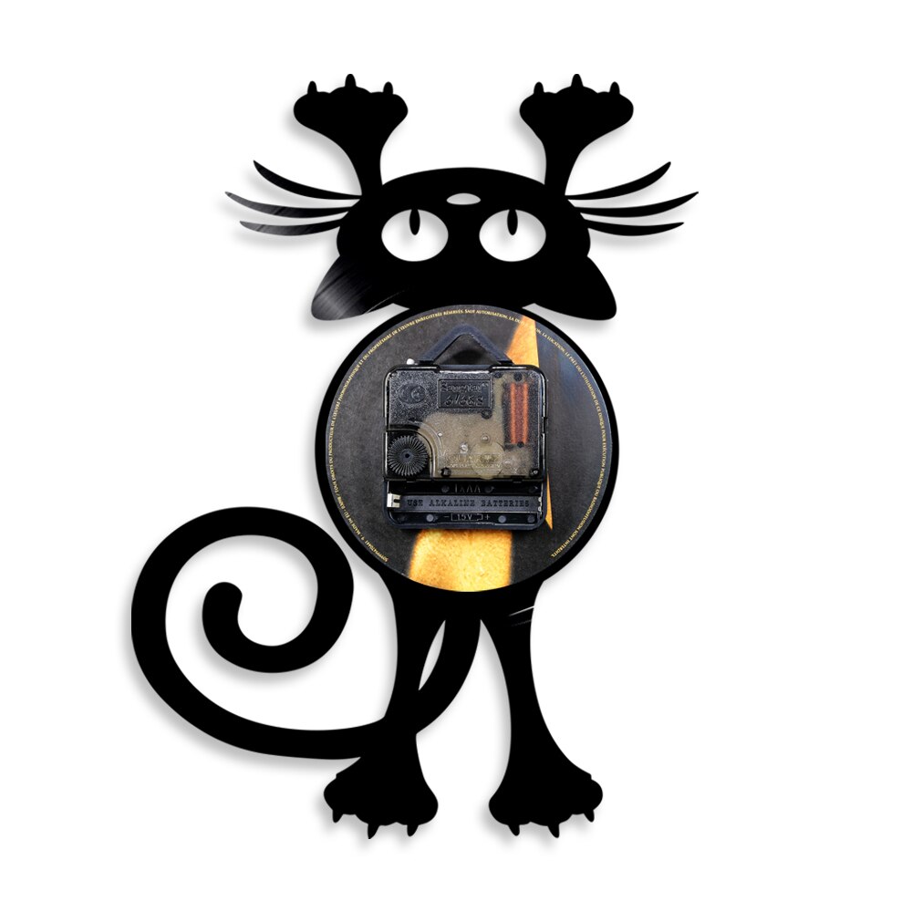 Animals Vinyl Record Wall Clock for Cat Fans Silent Watch Crazy Kitty Timepiece Night Light LED Lamp