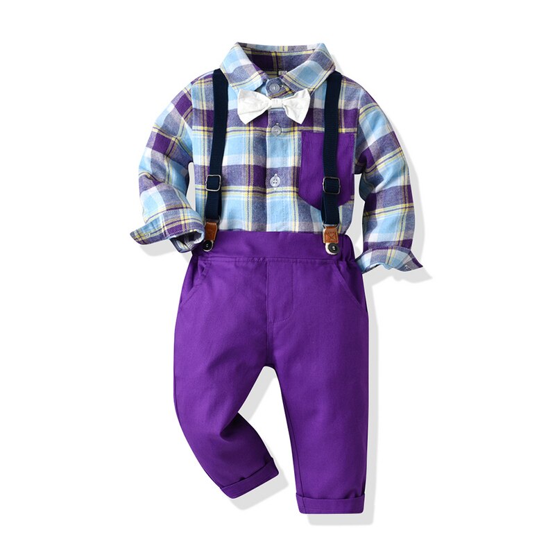 Top and top – ensemble de vêtements à carreaux pour garçons, chemise à manches longues + pantalon à bretelles, tenue décontractée pour enfants, 2 pièces: Violet / 2T