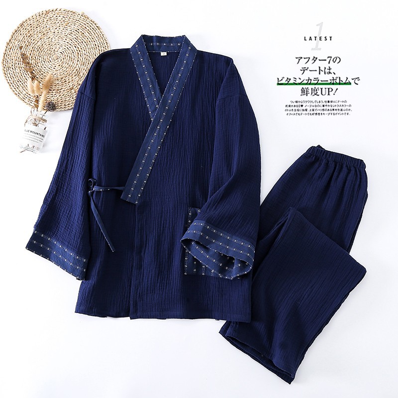 Japanische Baumwolle Kimono Bademantel Samurai Männer Haori Yukata Top Hosen Nachtwäsche Pyjama Kleidung Set chinesische traditionelle Nachthemd: M / Himmel Blau