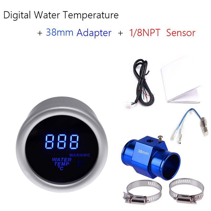 52mm motorcykel termometer digital bil vandtemperaturmåler 40 ~ 150 celsius med vand temp joint joint adapter 1/8 npt sensor: 38mm adapter