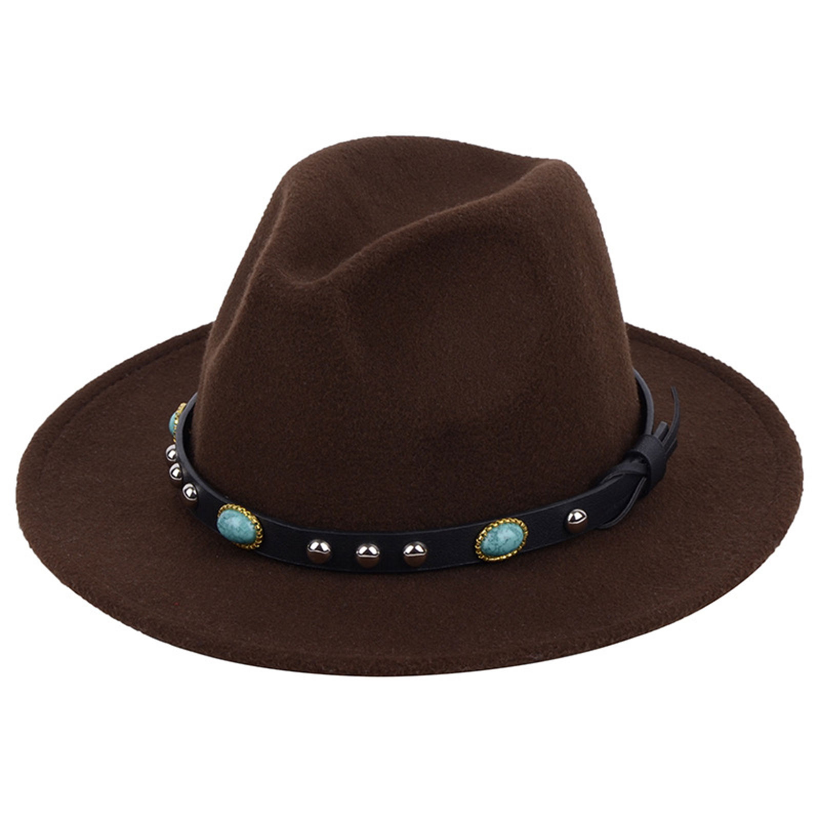 Sombrero de fieltro Vintage estilo inglés para hombre y mujer, Fedora de fieltro de lujo, hebilla de cinturón ancha, gorros con visera vaquera, sombrero de Jazz: Coffee