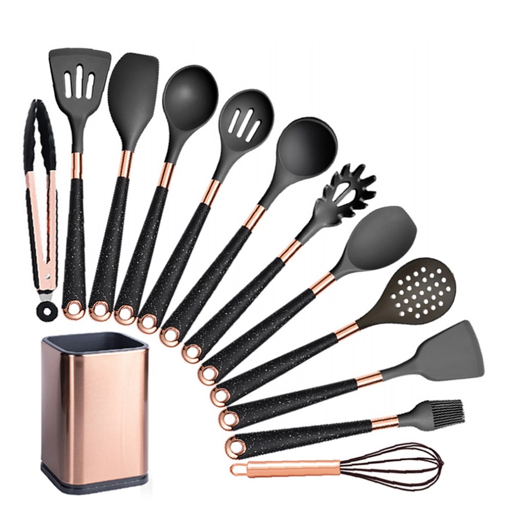 Silicone Cooking Utensils Set Heat Resistant Kitchen Spatula Spoon Non-Stick Tools With Rose Gold-Plated Handle And Holder: Blue