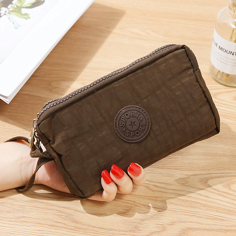 Women Canvas Wallet Clutch Bag Lady Coin Purse Phone Bag Three-layer Zipper Big Capacity Handbag Makeup Bag: Brown