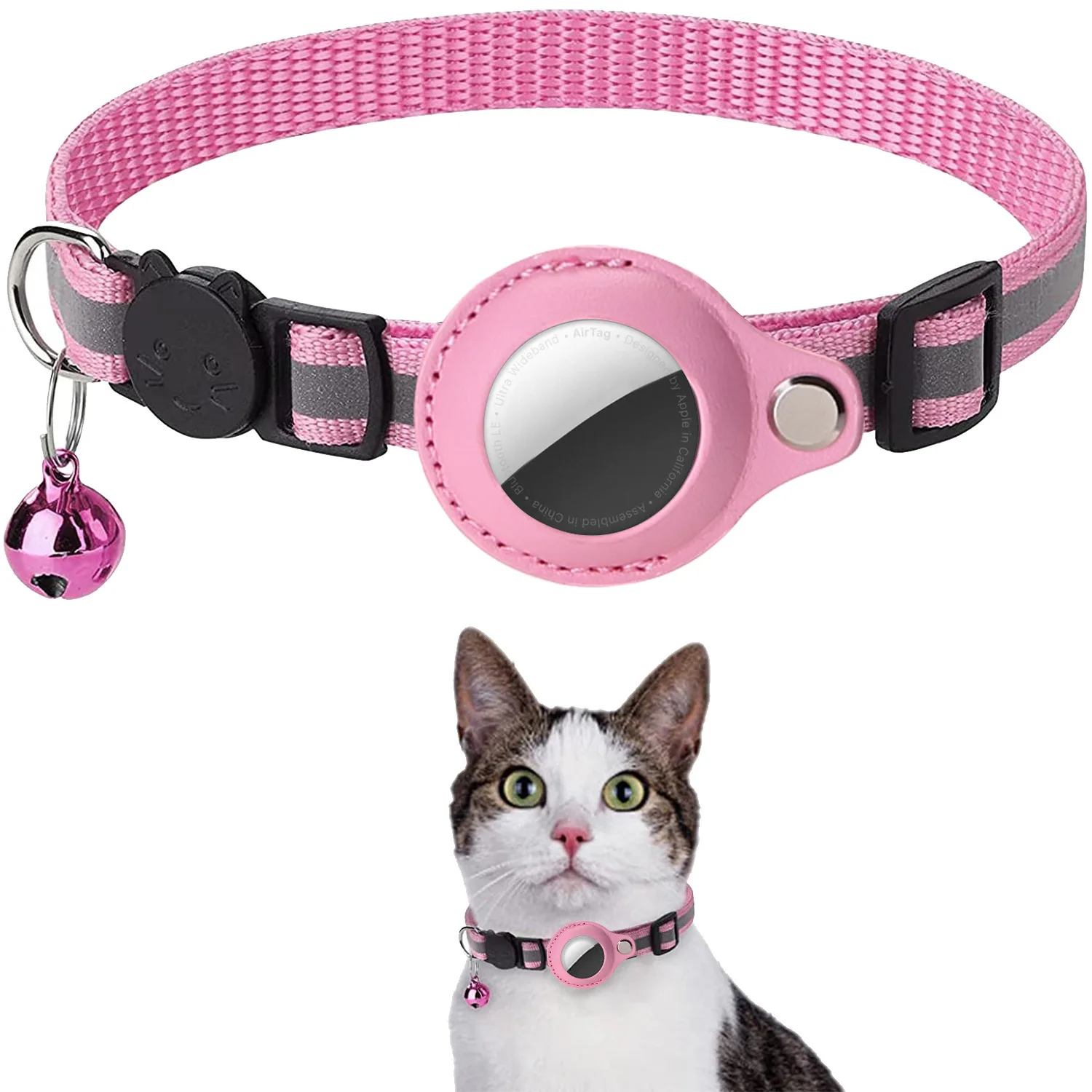 Gato airtag titular colar breakaway tiras reflexivas ajustável gatinho colar à prova dwaterproof água gato sino colar pet air tag caso: Rosa