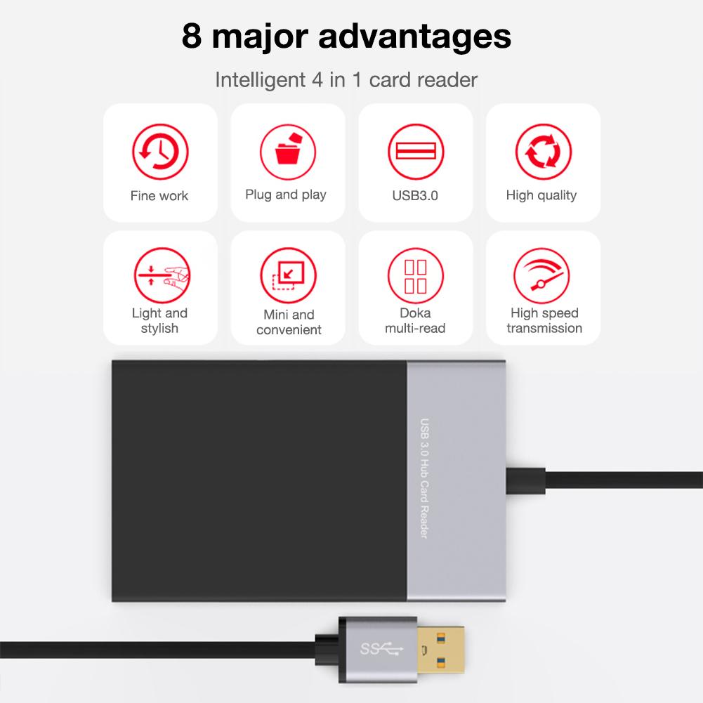 6 In 1 Multi Memory Card Reader ABS Aluminum Alloy Shell PVC Wire Reader USB 3.0 2 Port HUB High Speed Adapter For XQD CF SD TF