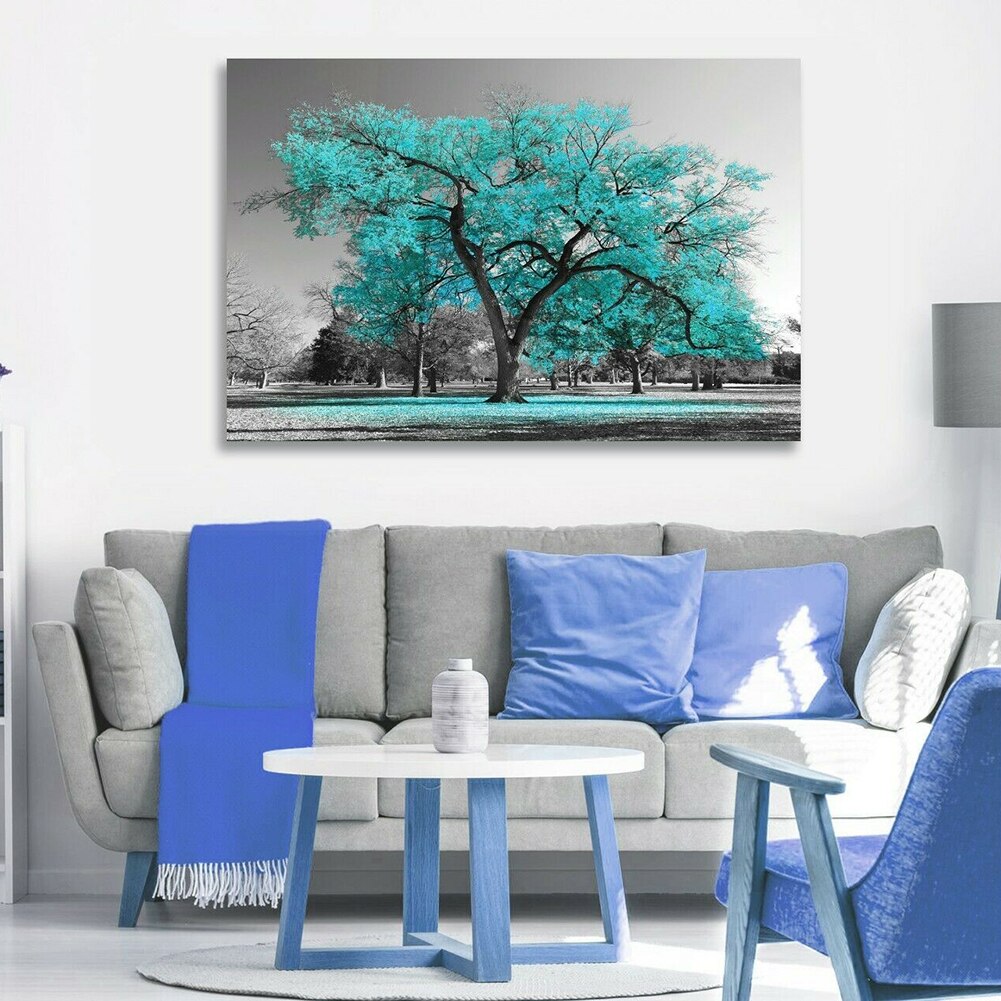 Impresión grande pintura verde azulado turquesa hojas cuadro de pared decoración sala de estar