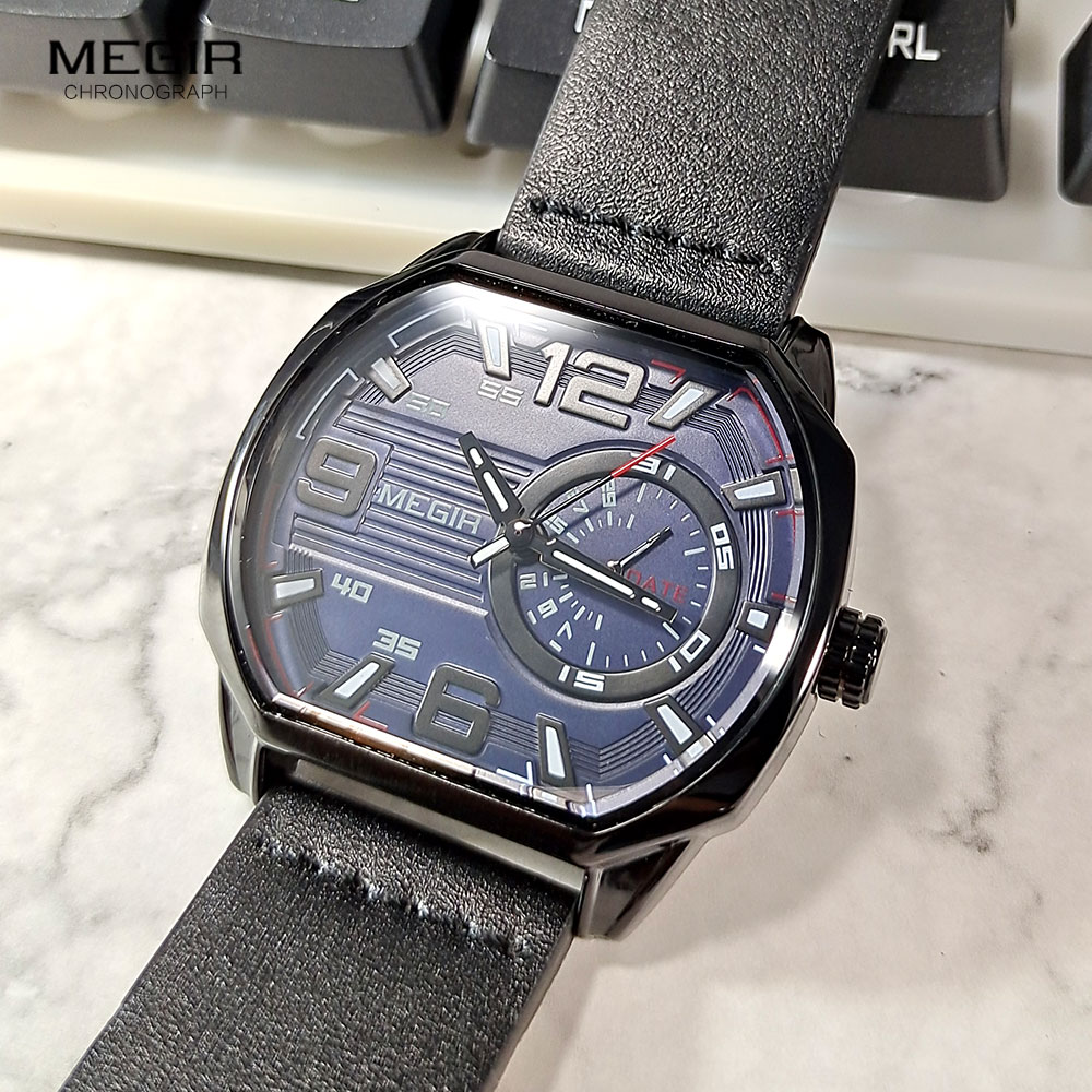 Megir casual sportsure til mænd quartz ur med læderrem og automatisk dato, lysende visere, vandtæt ottekantet armbåndsur med 2201
