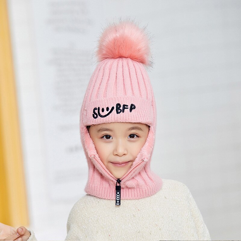 DIHOPE 2 pièces tricot bonnet chapeau et écharpe ensemble Hairball pompon chapeaux femme épais hiver mignon filles lettre Smiley fermeture éclair chapeau: child pink