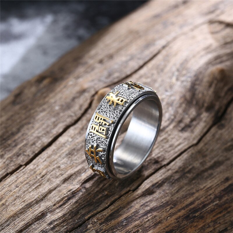 Held og lykke ring mænd kinesisk element taoist ringe vintage titanium stål punk mænd ringe drejelige kinesiske tegn smykker