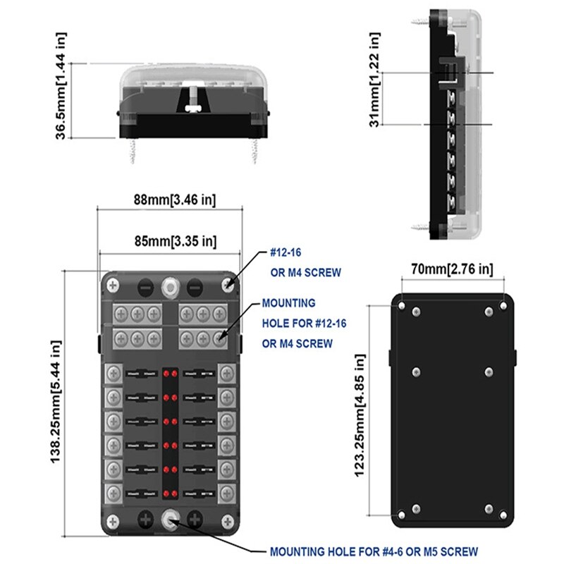 Dc 12-32V Truck Motorhome-Coach Boat Bus Bar Power Distribution Block Double Busbars 12-Way Boat Bus 12-Way Fuse Box With Led Li