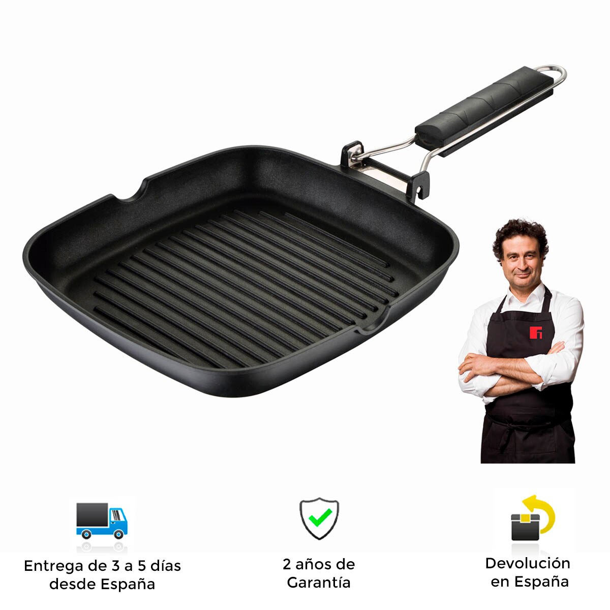 Asador de Bergner, aluminio fundido, 24X24X3.7cm, revestimiento antiadherente duradero, base de inducción por puntos, mango plegable, calor uniforme, asador, grill, plancha de cocina