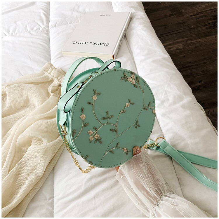 Süße Spitze Runde Handtaschen PU Leder Frauen Umhängetaschen Weibliche Kleine Frische Blume Kette Schulter Weiß: Green